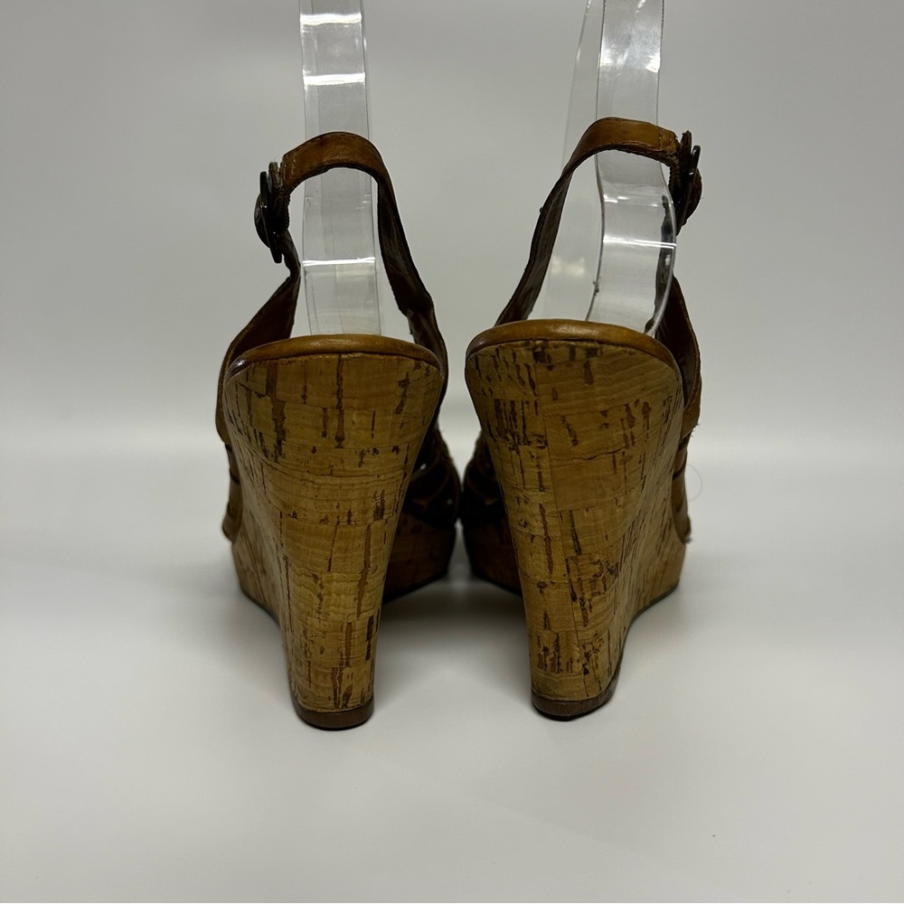 Cathy Jean Tan Leather Size 6 Wedge Slingback Peep Toe Sandal - Picture 3 of 5